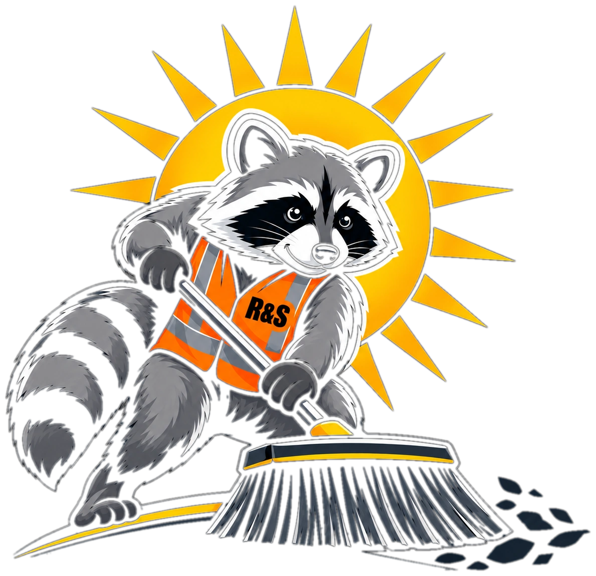 Rise & Shine sweeping raccoon mascot
