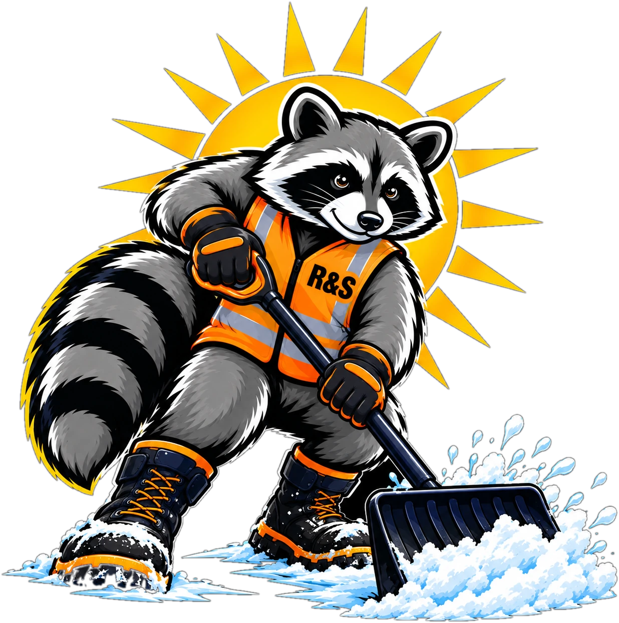 Rise & Shine raccoon mascot shoveling snow